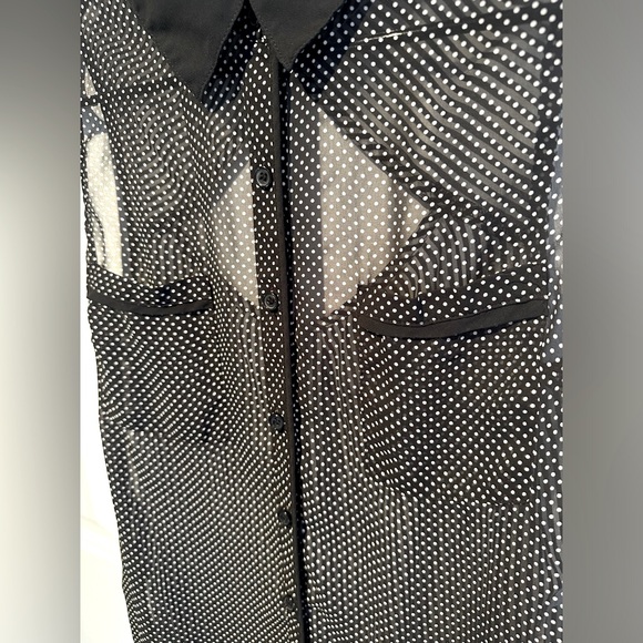 Maurices Black & White Sheer Sleeveless Button-Up with Polka Dots & Stripes - Picture 4 of 6